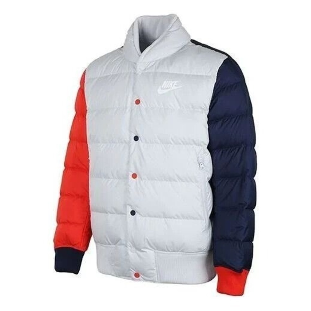 Nike Bomber Jacket Down Fill Men XL White Blue Red Colorblock Puffer Snap Front